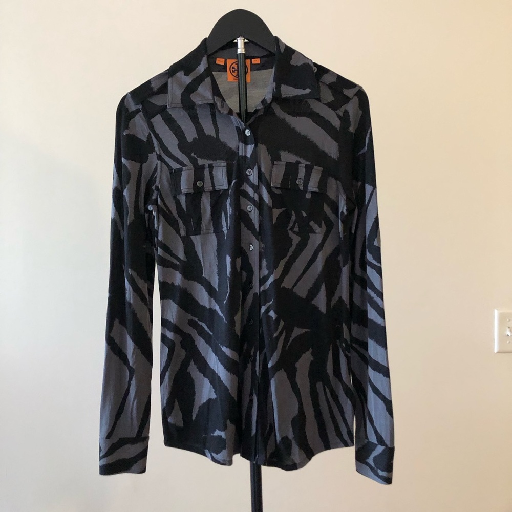 Tory Burch 100% Silk Zebra Black Gray Blouse Button Up Shirt Semi Sheer Size XS